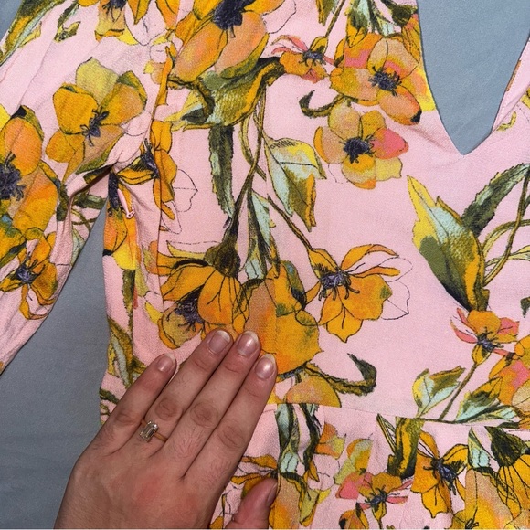Free People Tegan Printed Floral Pleated Dress | Pink & Yellow | Size 6 - Picture 9 of 11